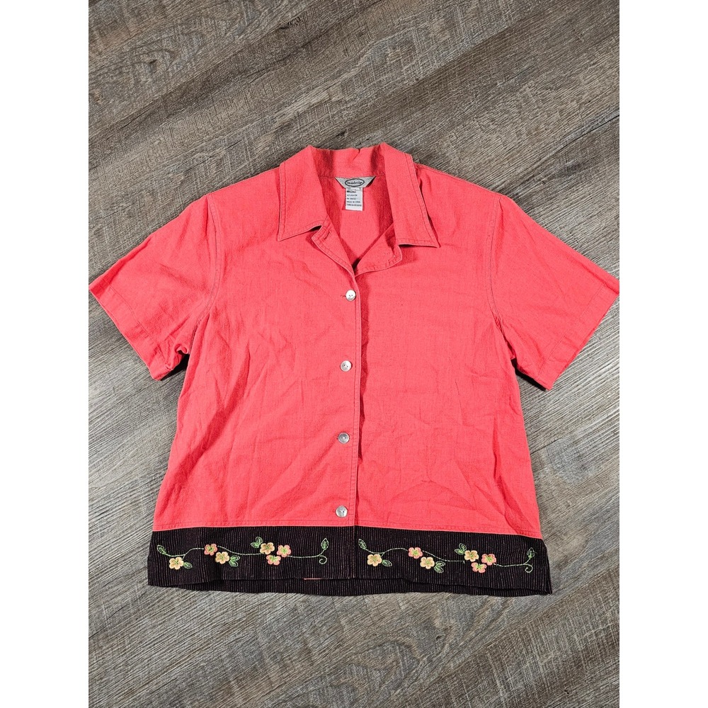 Vintage Stonebridge Womens Coral pink Linen Blend Floral‎ Embroidered Shirt L